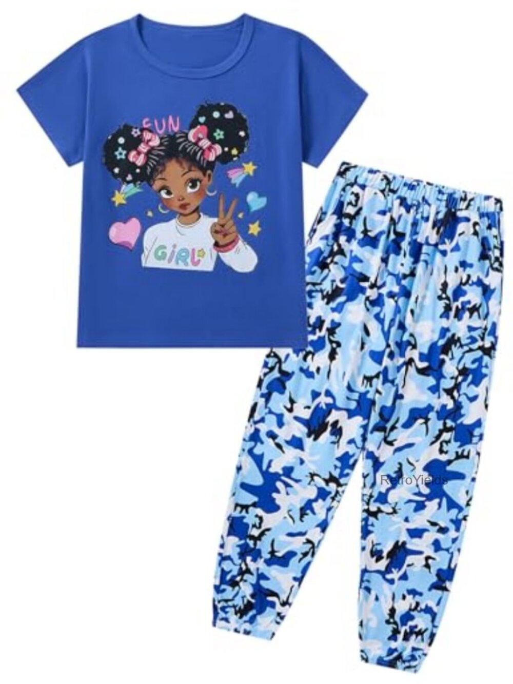 Girls Graphic Tee and Camo Jogger Pants Set Cotton Blend Casual Outfit